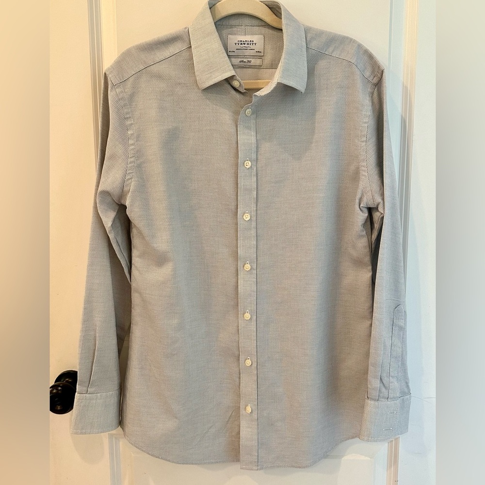 Charles Tyrwhitt Men's Green and White Button-Down Shirt